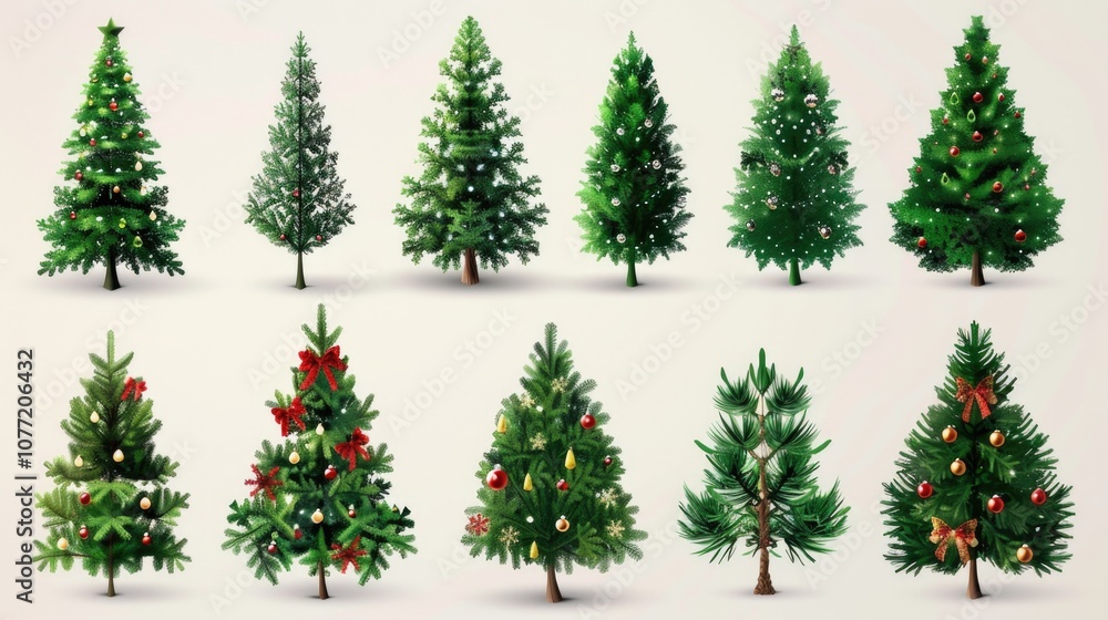 Fototapeta premium Decorated Christmas trees with various ornaments and decorations