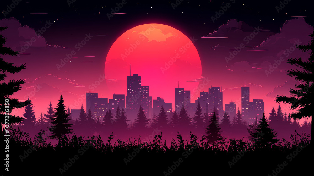 Fototapeta premium vibrant sunset over city skyline, surrounded by silhouettes of trees, creating serene atmosphere