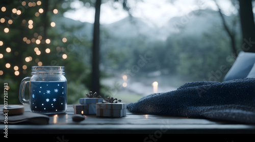Christmas morning scene with gifts and glowing jar