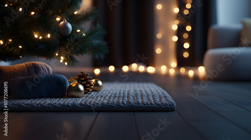 Cozy Christmas tree scene with glowing lights and decorations