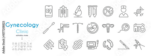 Gynecology clinic line icons set. Contraceptive coil, curette, speculum, embryo, ultrasound, menstruation calendar, sanitary pad, colposcope, women's health vector illustration. Editable Stroke