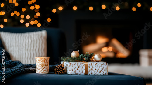 Cozy christmas gift and decor by the fireplace