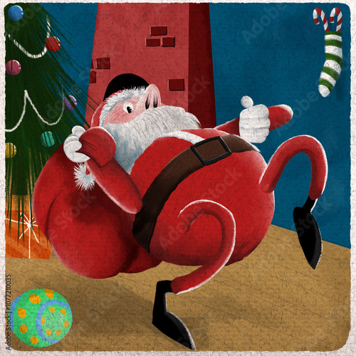 Santa Claus tiptoeing out after leaving the presents on the Christmas tree - Christmas card
