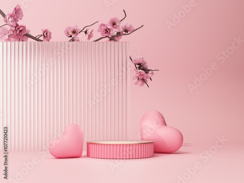 Premium podium, stand on pastel, pink background. Holiday greeting card for Valentine's Day - 3d, render with copy space on February 14, March 8. Romance showcase with flowers, symbol of love.