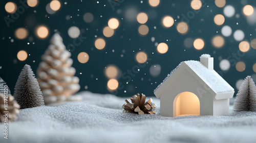 Snow-covered miniature house with Christmas decor