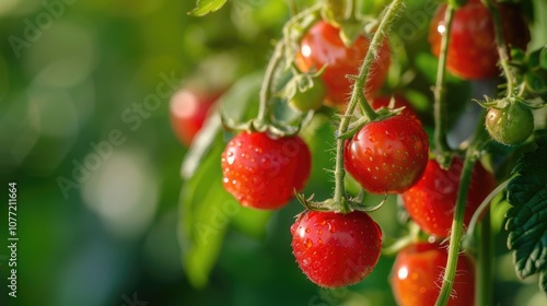 Fresh red tomatoes hang from a tree branch, ready for harvest