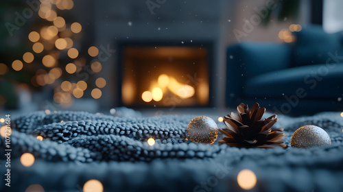 Christmas decor with pinecone and ornaments by the fireplace