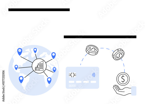Credit card facilitates currency transaction and exchange on a global scale. Map with location tags, credit card, coins, and hand receiving money. Ideal for finance, banking, e-commerce