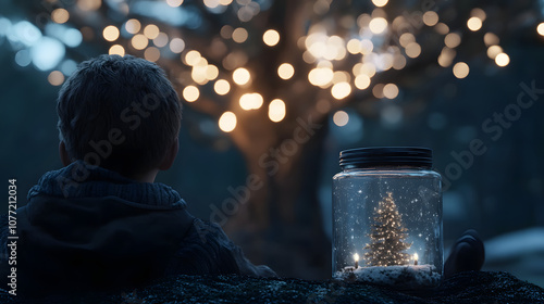 Child gazing at Christmas tree in a jar