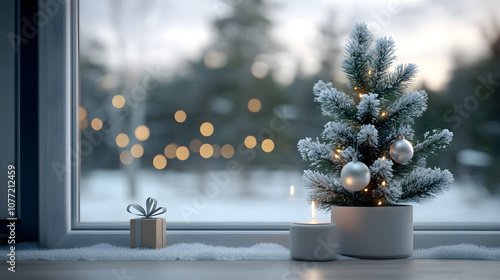 Frosted mini Christmas tree by the window