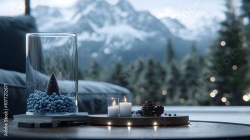 Peaceful winter decor with candles and pine tree