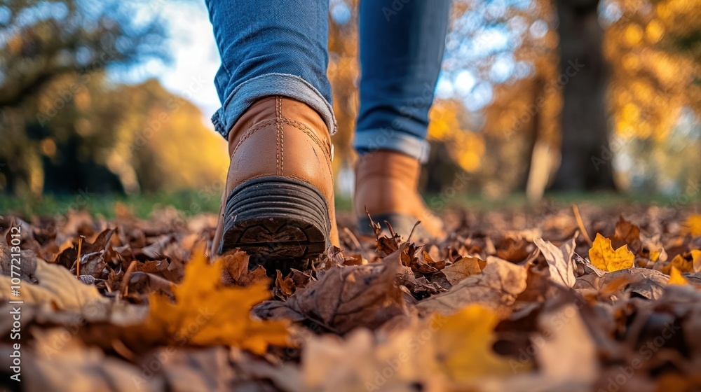 Close-up of Brown Leather Boot Stepping on Autumn Leaves Close-up of Brown Leather Boot Stepping on Autumn Leaves