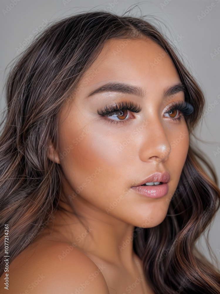 Fototapeta premium Close-Up of Asian Model with Flawless Lash Extensions and Natural Makeup