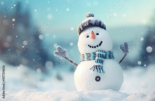 Cute smiling snowman. Winter fairytale.Merry christmas and happy new year greeting card 