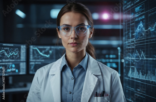 Confident female scientist with holographic interface displaying scientific data