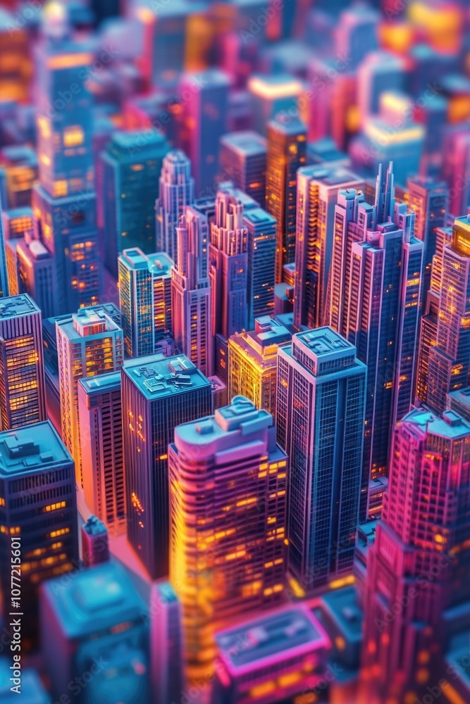 Obraz premium Aerial view of a city's skyline at night, with buildings and streets lit up