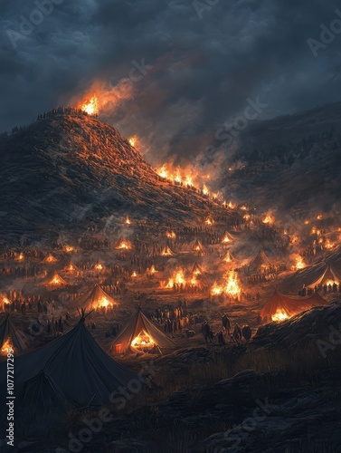 Firelit camp on a dark hillside, with the warmth of the flames representing safety, protection, and lightÃ¢â¬â¢s victory over the cold darkness photo