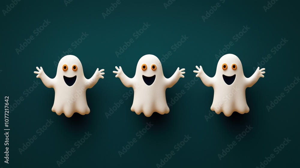 Three cartoon-style white ghosts with expressive faces and wide black eyes, floating on a dark green background. The ghosts appear friendly, with arms raised in a welcoming gesture.