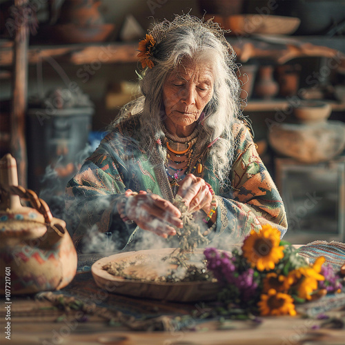 An elderly shaman performing a sacred smoke ritual, with wisps of smoke in a mystical ambiance, capturing ancient wisdom and spiritual depth. photo