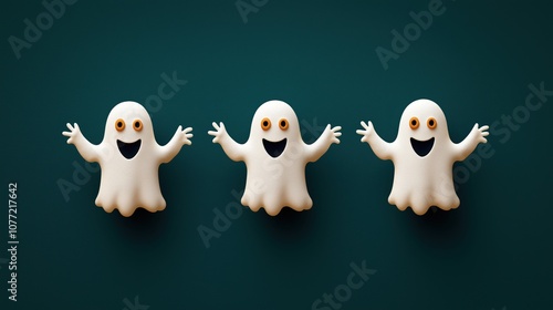 Obraz na płótnie Three cartoon-style white ghosts with expressive faces and wide black eyes, floating on a dark green background. The ghosts appear friendly, with arms raised in a welcoming gesture. w salonie