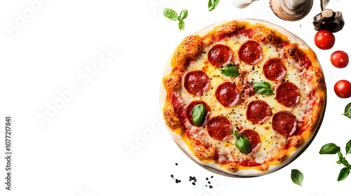 Freshly baked pepperoni pizza with melted cheese on a white background photo