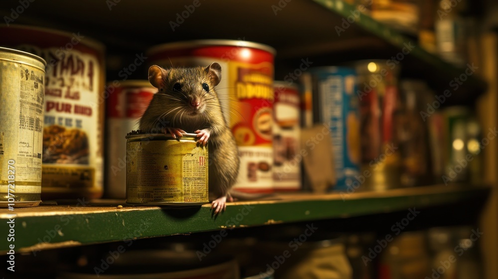 Obraz premium A mouse perched on a can in a pantry filled with food.