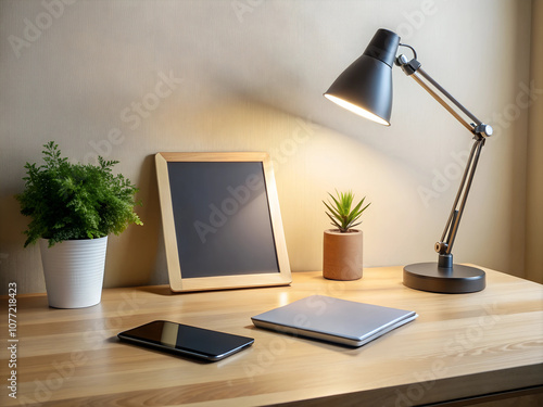 A clean and organized workspace with a tablet, notebook, desk lamp, and small plants, creating a modern and minimalist environment for productivity. photo