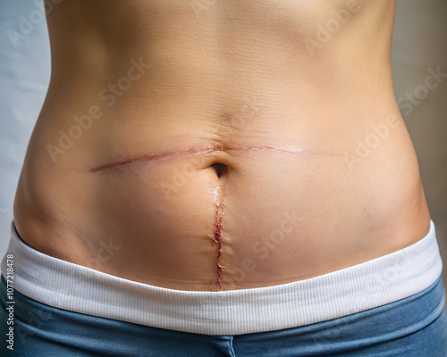 A close-up of a healed C-section scar on a woman's abdomen, representing recovery, strength, and the journey of motherhood