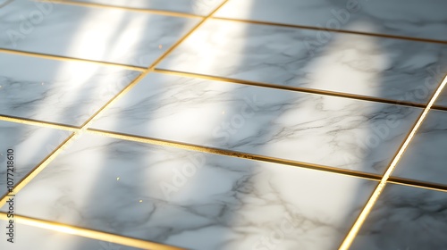 White Marble Tiles with Gold Accents and Sunbeams