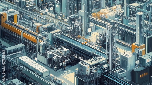 An aerial view of a futuristic factory with automated production lines, conveyor belts, and robotic arms.