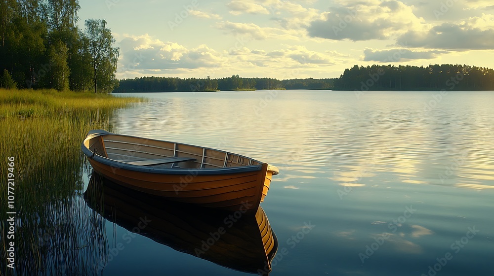 Obraz premium Boat resting on calm lake with beautiful sunset sky above.