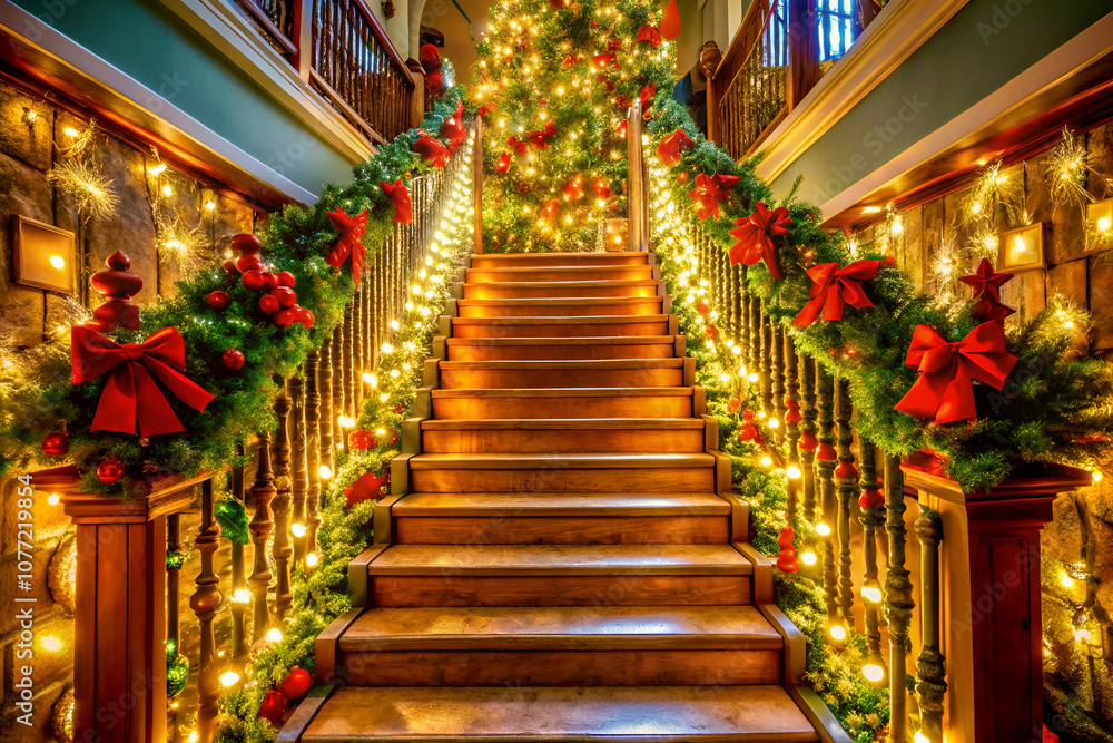 A beautifully decorated staircase adorned with festive lights, garlands, and bows, leading to a vibrant Christmas tree, evoking a warm holiday spirit. A beautifully decorated staircase adorned with festive lights, garlands, and bows, leading to a vibrant Christmas tree, evoking a warm holiday spirit.