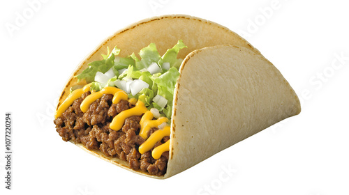 Mexican tacos filled with seasoned meat, lettuce, and cheese on a white background photo