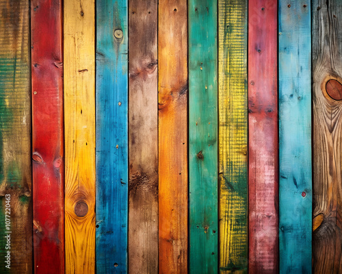 An array of colorful, weathered wooden planks arranged vertically, creating a rustic and vibrant background with a touch of vintage charm. photo