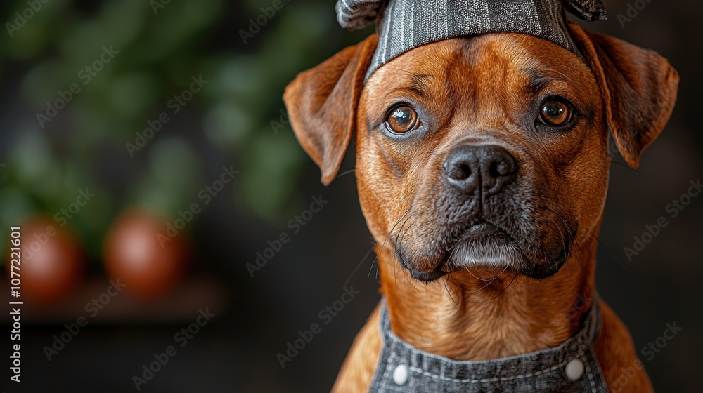 Obraz premium Adorable dog with stylish hat and apron showcases charm in a cozy setting, perfect for pet-themed photography, home decor, and digital art inspiration.