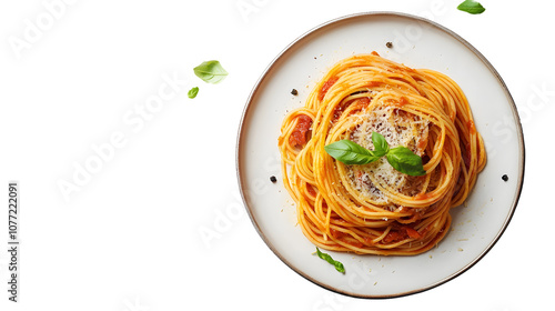 Plate of spaghetti with marinara sauce topped with fresh basil and Parmesan on a white background photo