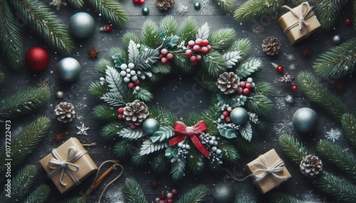 Ein kunstvoll dekorierter Weihnachtskranz mit roten Beeren, Zapfen und silbernen Kugeln, umgeben von festlichen Elementen auf elegantem Hintergrund. Generative KI.