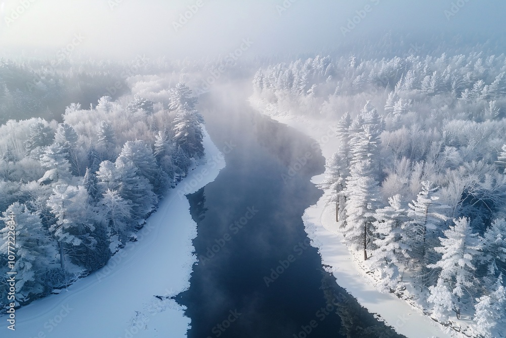 custom made wallpaper toronto digitalA tranquil winter morning unfolds as a frozen river winds through a snowy forest, shrouded in mist. The scene captures a serene moment amidst glittering white trees