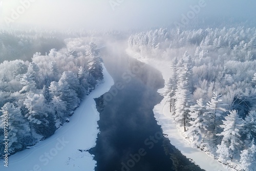 Wallpaper Mural A tranquil winter morning unfolds as a frozen river winds through a snowy forest, shrouded in mist. The scene captures a serene moment amidst glittering white trees Torontodigital.ca