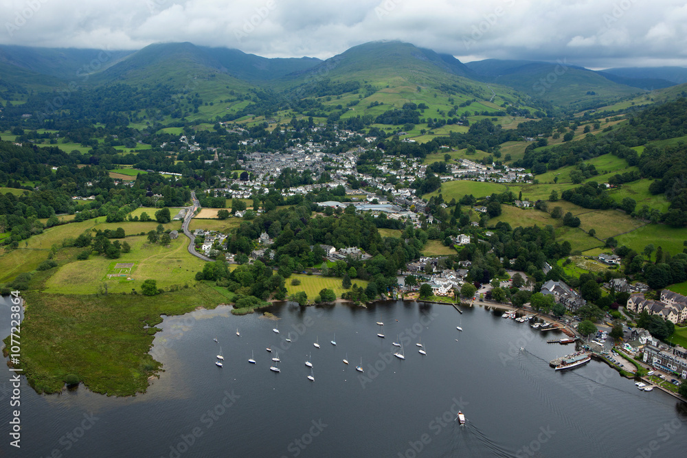 Aerial view of 'Bowness on Windermere' with Lake Windermere in Cumbria