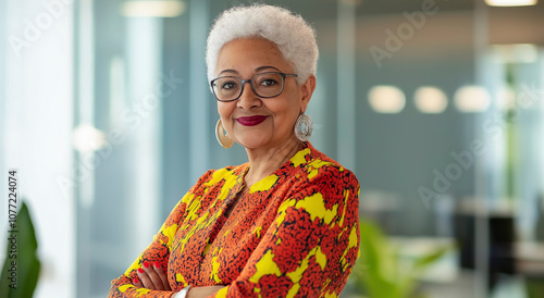 Retrato de uma empresária sênior diversificada e confiante, com os braços cruzados no escritório moderno