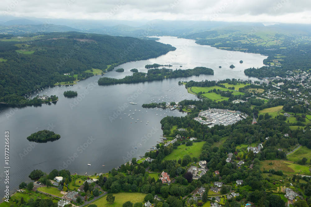 Aerial view of Lake Windermere in the Lake District in Cumbria on overcast day
