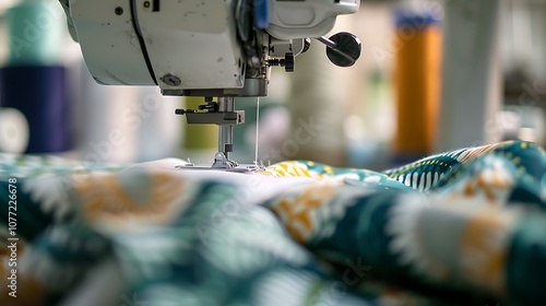 A close-up of a sewing machine stitching together a garment made from recycled ocean plastic, with eco-friendly fabric rolls in the background.