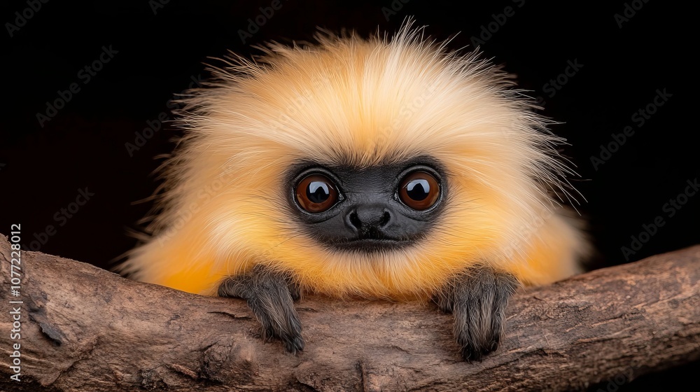 Fototapeta premium A small monkey sitting on a tree branch looking at the camera