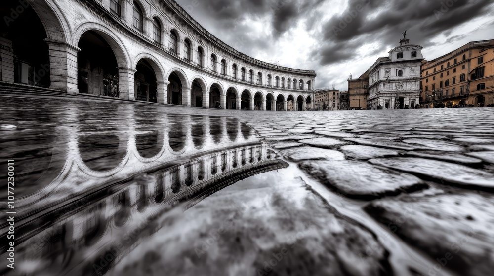 Obraz premium A black and white photo of a puddle of water in front of a building