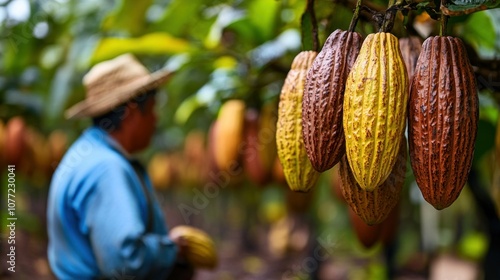 Ripe Cocoa Pods Hanging on a Tree Branch in a Plantation photo