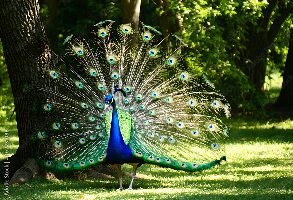Obraz premium Vibrant Peacock Displaying Brilliant Plumage in Lush Garden Setting