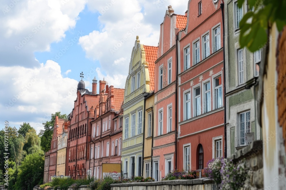 Fototapeta premium Colorful buildings along a riverbank with water and trees in the background