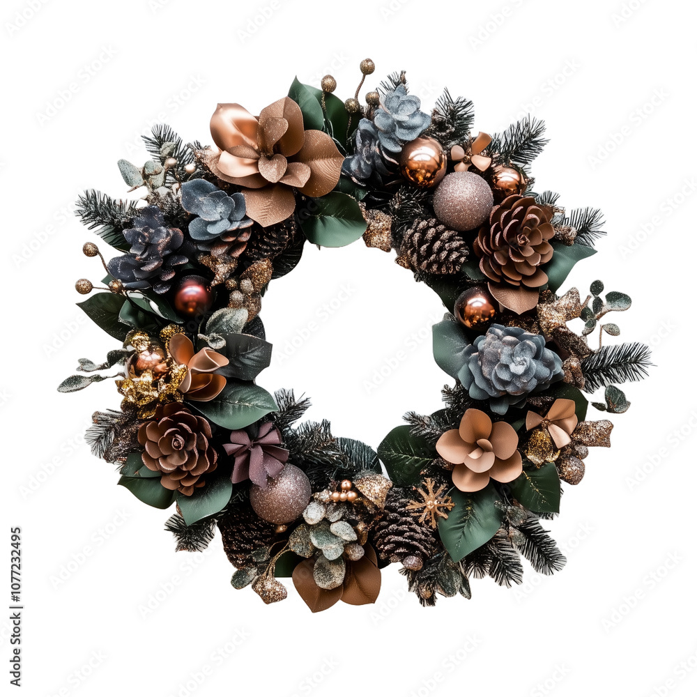 Fototapeta premium elegant decorated Christmas wreath isolated on transparent background. Design element for Christmas card, Christmas invitation card. Beautiful Christmas decoration, Christmas baubles. 