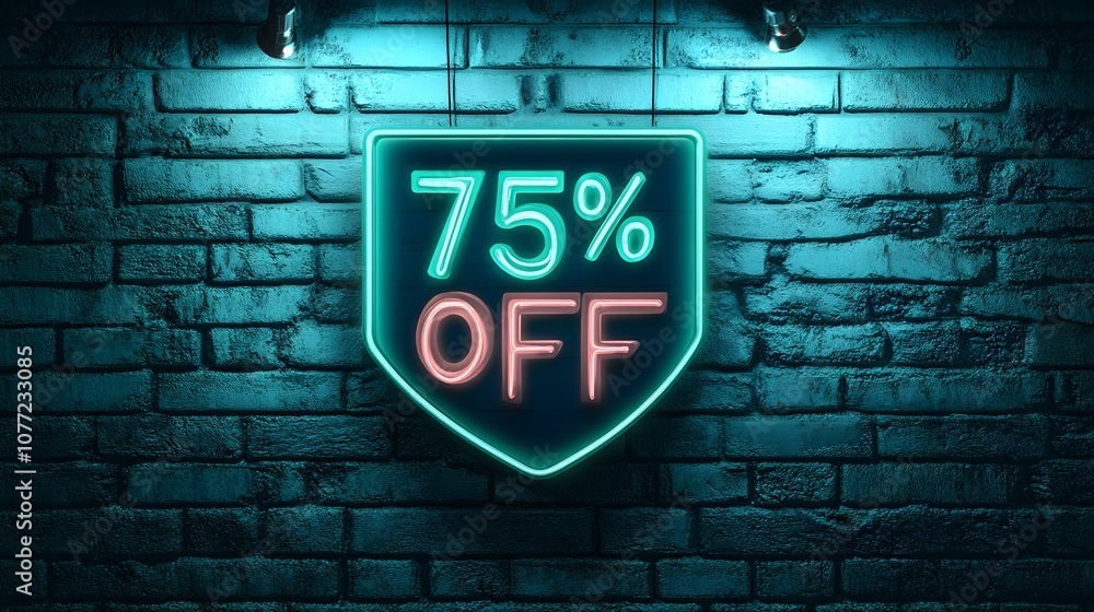 Fototapeta premium Dark Green Neon '75% OFF' Sign on a Brick Wall